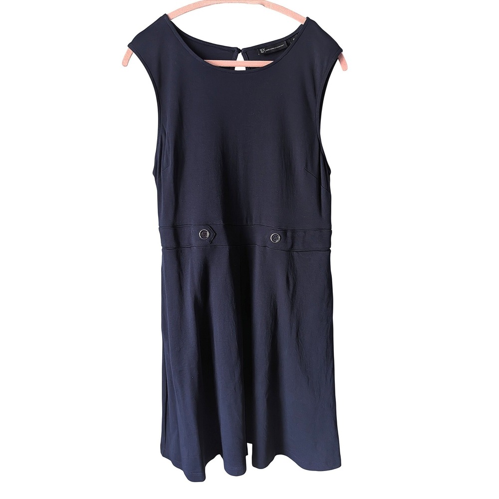 NY&C Fit and Flare Dress Womens XL Navy Blue 100% Cotton Sleeveless Button Waist